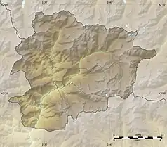 Mapa konturowa Andory, po lewej nieco u góry znajduje się czarny trójkącik z opisem „Pic de Coma Pedrosa”