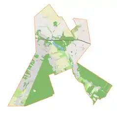 Mapa konturowa gminy Andrespol, blisko centrum u góry znajduje się punkt z opisem „Parafia Miłosierdzia Bożego”