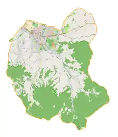 Mapa konturowa gminy Andrychów, po lewej nieco u góry znajduje się punkt z opisem „Roczyny”