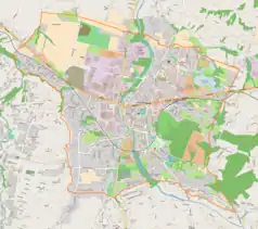 Mapa konturowa Andrychowa, po lewej nieco u góry znajduje się punkt z opisem „Andrychów Górnica”