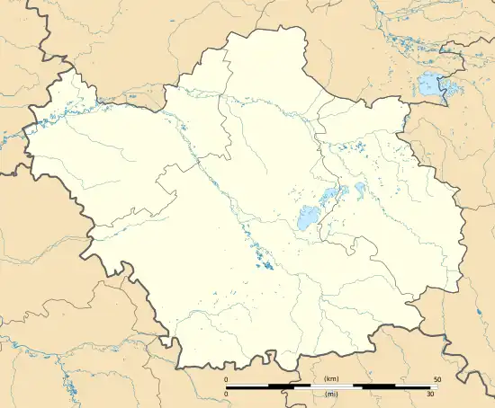 Mapa konturowa Aube, na dole nieco na prawo znajduje się punkt z opisem „Ville-sur-Arce”