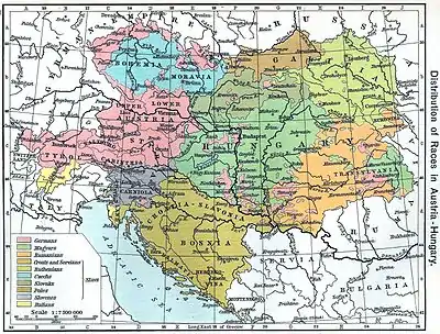 Mapa Austro-Węgier z roku 1911 z zaznaczeniem dominacji poszczególnych narodowości