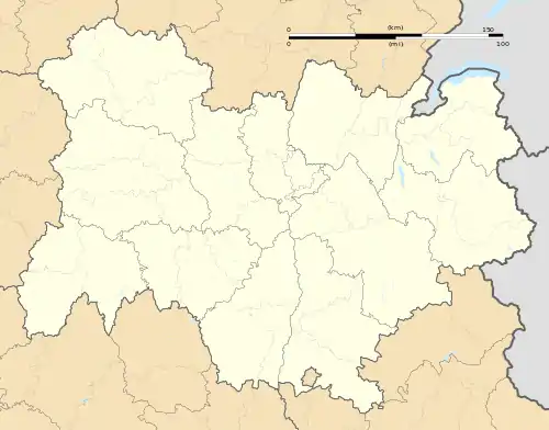 Mapa konturowa regionu Owernia-Rodan-Alpy, w centrum znajduje się punkt z opisem „Rive-de-Gier”