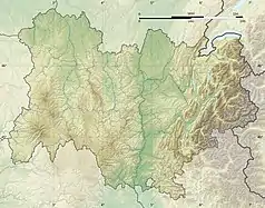 Mapa konturowa regionu Owernia-Rodan-Alpy, po prawej znajduje się punkt z opisem „źródło”, powyżej na lewo znajduje się również punkt z opisem „ujście”