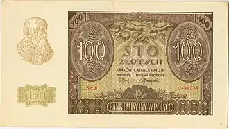 awers banknotu 100 złotych emisji 1940