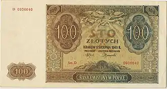 awers banknotu 100 złotych emisji 1941