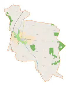 Mapa konturowa gminy Będków, po lewej znajduje się punkt z opisem „Wolbórka”