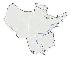 Mapa konturowa Będzina, blisko prawej krawędzi u góry znajduje się punkt z opisem „Niepiekło”