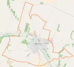 Mapa konturowa Baborowa, blisko centrum na dole znajduje się punkt z opisem „Baborów”