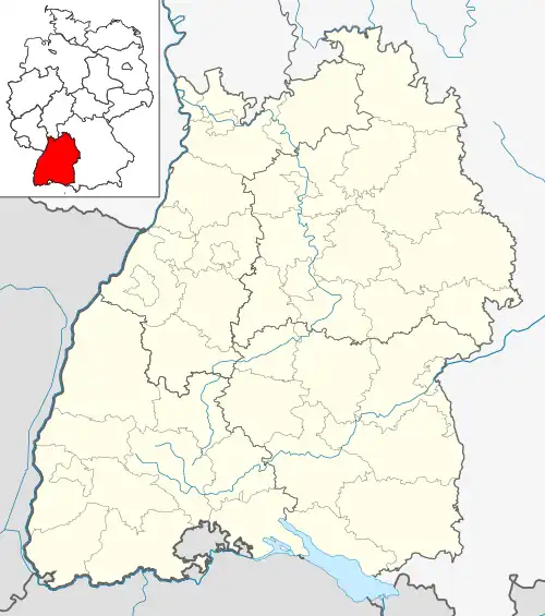 Mapa konturowa Badenii-Wirtembergii, na dole znajduje się punkt z opisem „Radolfzell am Bodensee”