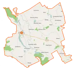 Mapa konturowa gminy Bakałarzewo, w centrum znajduje się punkt z opisem „Kamionka Poprzeczna”