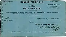 Akcja Banque du Peuple założonego przez Pierre’a-Josepha Proudhona 31 stycznia 1849 r. o wartości nominalnej 5 franków, przygotowana do emisji w lutym 1849 r. i własnoręcznie podpisana przez Proudhona