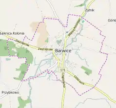 Mapa konturowa Barwic, w centrum znajduje się punkt z opisem „Parafia pw.św. Stefana Węgierskiegow Barwicach”