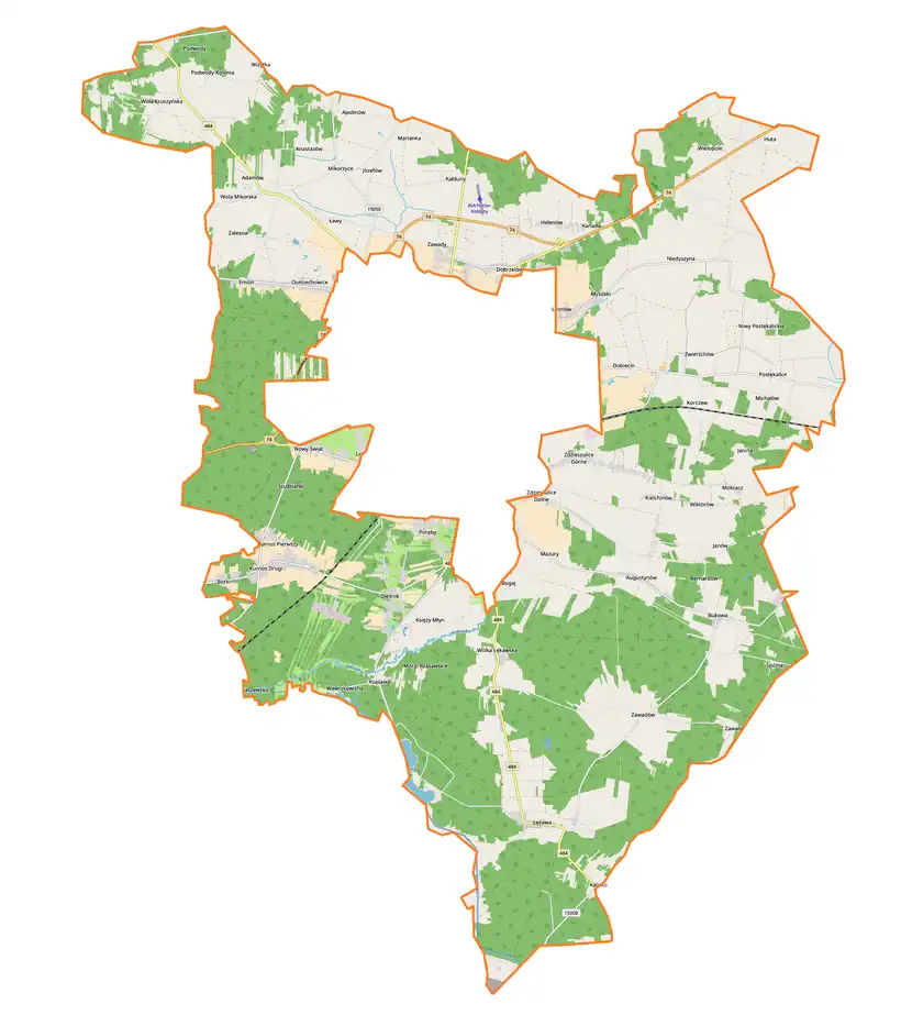 Mapa konturowa gminy wiejskiej Bełchatów, u góry nieco na prawo znajduje się punkt z opisem „Myszaki”