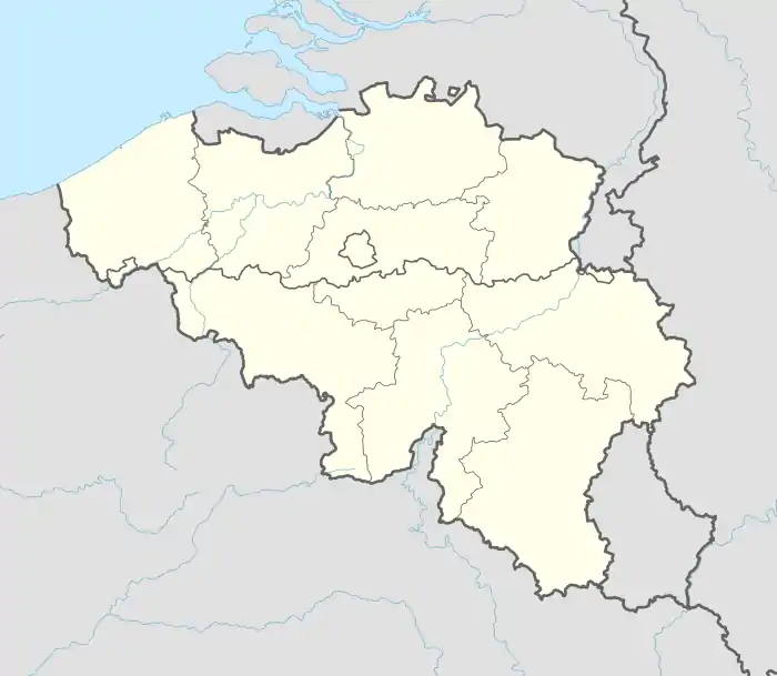 Mapa konturowa Belgii, po lewej znajduje się punkt z opisem „Mouscron”