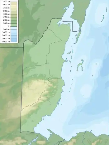 Mapa konturowa Belize, u góry po prawej znajduje się punkt z opisem „Ambergris Caye”