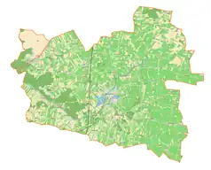 Mapa konturowa gminy Biała Rawska, po lewej nieco u góry znajduje się punkt z opisem „Parafia św. Antoniego Padewskiego”