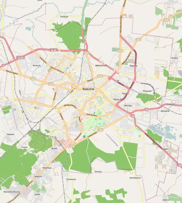 Mapa konturowa Białegostoku, u góry nieco na lewo znajduje się punkt z opisem „Antoniuk”