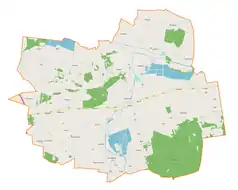 Mapa konturowa gminy Bielawy, w centrum znajduje się punkt z opisem „Mroga”