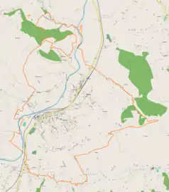 Mapa konturowa Bobowej, po lewej nieco na dole znajduje się punkt z opisem „Bobowa, cmentarz wojenny”