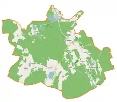 Mapa konturowa gminy Bobrowice, blisko centrum na lewo u góry znajduje się punkt z opisem „Bronków”