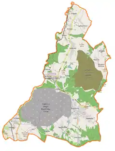 Mapa konturowa gminy Bogatynia, blisko górnej krawiędzi nieco na prawo znajduje się punkt z opisem „Parafia św. Jana Chrzciciela”