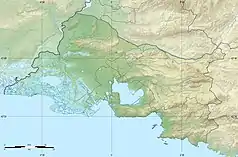 Mapa konturowa Delty Rodanu, na dole po prawej znajduje się punkt z opisem „Cap Canaille”