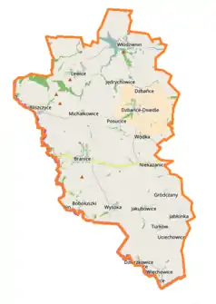 Mapa konturowa gminy Branice, po lewej nieco u góry znajduje się punkt z opisem „Bliszczyce”