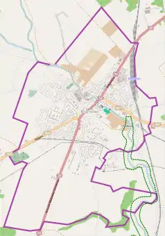 Mapa konturowa Braniewa, w centrum znajduje się punkt z opisem „Miejski Ogród zoologiczny w Braniewie”