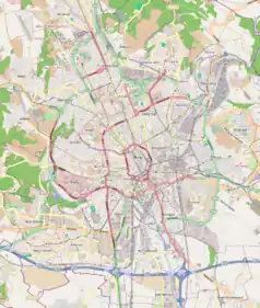 Mapa konturowa Brna, po prawej znajduje się punkt z opisem „Brno-Černovice”