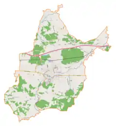 Mapa konturowa gminy Brzesko, blisko centrum na prawo u góry znajduje się punkt z opisem „Cmentarz wojenny nr 273Szczepanów”