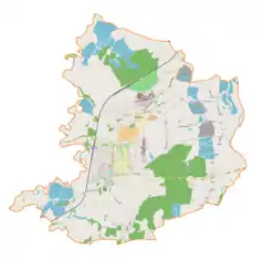 Mapa konturowa gminy Brzeszcze, blisko centrum na dole znajduje się punkt z opisem „Kościół św. Marcinaw Jawiszowicach”