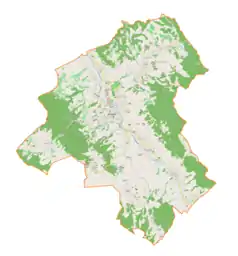 Mapa konturowa gminy Brzozów, w centrum znajduje się punkt z opisem „ParafiaPrzemienienia Pańskiegow Brzozowie”