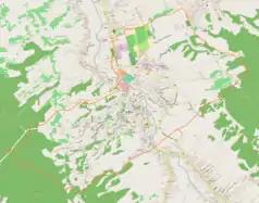 Mapa konturowa Brzozowa, w centrum znajduje się punkt z opisem „Bazylika kolegiacka Przemienienia Pańskiego w Brzozowie”