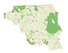 Mapa konturowa gminy Budry, blisko centrum u góry znajduje się punkt z opisem „Sobiechy”