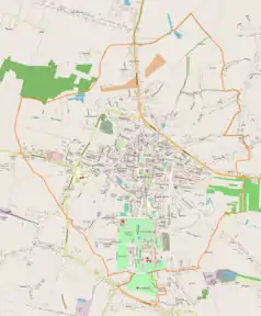 Mapa konturowa Buska-Zdroju, na dole znajduje się punkt z opisem „Pod Szpitalem”