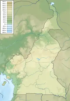 Mapa konturowa Kamerunu, na dole po lewej znajduje się czarny trójkącik z opisem „Kamerun”