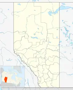 Mapa konturowa Alberty, na dole znajduje się punkt z opisem „Calgary”