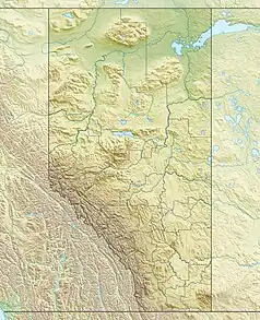 Mapa konturowa Alberty, na dole znajduje się punkt z opisem „źródło”