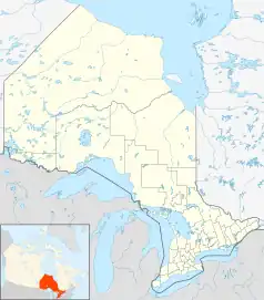 Mapa konturowa Ontario, na dole po prawej znajduje się punkt z opisem „Prince Edward”