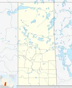 Mapa konturowa Saskatchewanu, na dole znajduje się punkt z opisem „Moose Jaw”