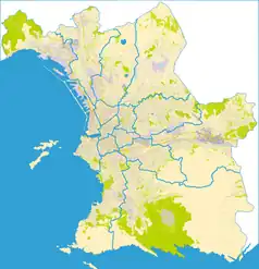 Mapa konturowa Marsylii, blisko centrum na lewo znajduje się punkt z opisem „Marsylia”