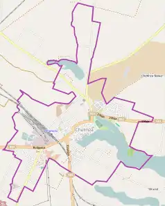 Mapa konturowa Chełmży, po lewej nieco na dole znajduje się punkt z opisem „Cukrownia Chełmża S.A.”