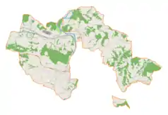 Mapa konturowa gminy Chełmiec, po lewej znajduje się punkt z opisem „Trzetrzewina”