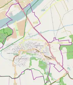 Mapa konturowa Chełmna, blisko centrum na prawo znajduje się punkt z opisem „Zbór Kościoła Zielonoświątkowego w Chełmnie”