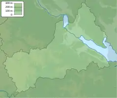 Mapa konturowa obwodu czerkaskiego, blisko lewej krawiędzi nieco na dole znajduje się punkt z opisem „źródło”, natomiast na dole nieco na lewo znajduje się punkt z opisem „ujście”