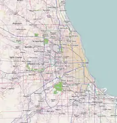 Mapa konturowa Chicago, blisko centrum na prawo u góry znajduje się punkt z opisem „Skokie”