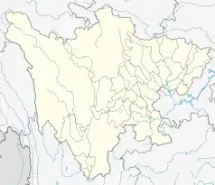 Mapa konturowa Syczuanu, blisko centrum na prawo znajduje się punkt z opisem „Konsulat Generalny Rzeczypospolitej Polskiej w Chengdu”