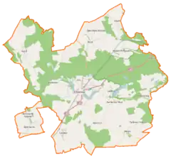 Mapa konturowa gminy Chociwel, po lewej nieco u góry znajduje się punkt z opisem „Parafiapw. św. Stanisława Kostki w Kani”