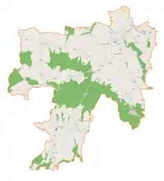 Mapa konturowa gminy Chorkówka, po lewej znajduje się punkt z opisem „Parafiapw. Dobrego Pasterzaw Faliszówce”